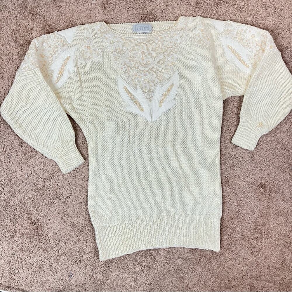 Nannell | Vintage Cream Hand Knit Blend Beaded Sequin Lace Sweater S